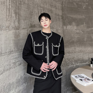 潮流气质小香风夹克外套男白拼接织带装饰西服潮A452--6295--P165，男装夹克，电商A452