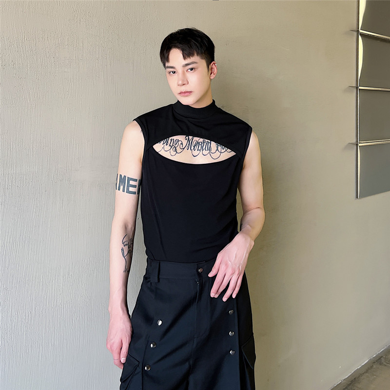 夏上新暗黑风极简半高领背心个性百搭无袖上衣潮A452--6245--P55,男装背心/马甲,电商A452