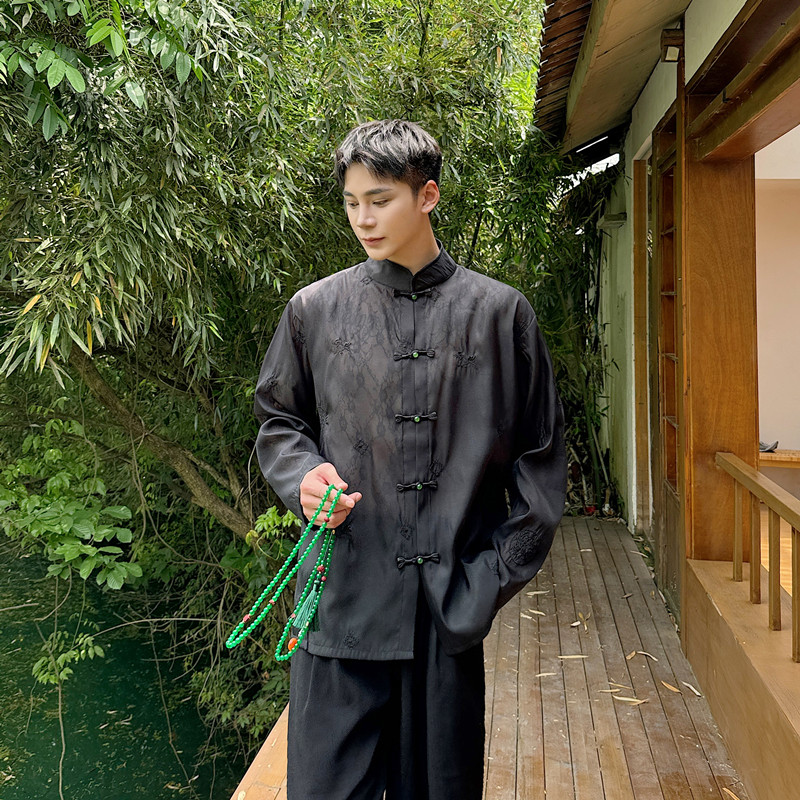 新中式盘扣立领长袖衬衫复古潮风刺绣蕾丝上衣A452--6497--P115,男装衬衫,电商A452