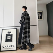 经典 P175 6109 拼接格子中长款 毛呢大衣复古休闲过膝外套潮A452