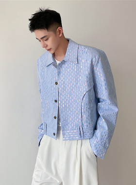 春重工亮片时髦蓝色短款夹克舞台装造型师上衣潮A452--6219--P135