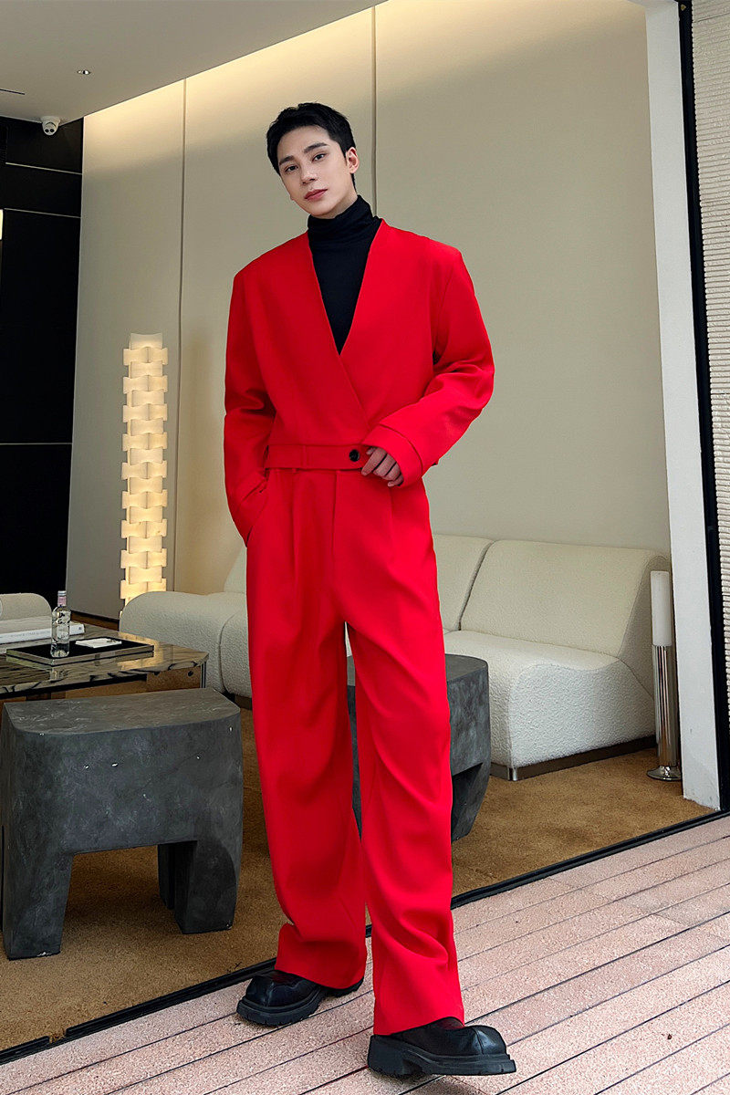 新款红色套装西服男潮流百搭红V领短款外套A452--6388--P130,男装西服,电商A452