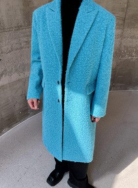 冬装潮流蓝色毛呢大衣长款过膝韩版帅气风衣外套A452--H128--P175