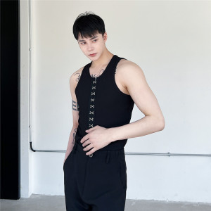夏上新个性金属扣装饰背心男复古修身套头上衣潮A452--6254--P65图片