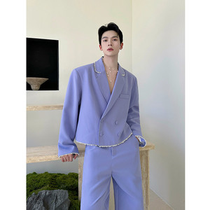 新款个性复古紫色短款西服套装韩版百搭潮流套装A452--H209--P265图片