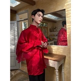 新款暗纹红色飘逸长袖衬衫新中式立领气质上衣A452--6550--P125，男装衬衫，电商A452