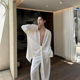 新款复古缎面飘带长袖衬衫两件套华丽慵懒感套装A452--H194--P220，男装衬衫，电商A452