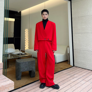 秋装新款直筒宽松休闲裤男潮流复古红西服长裤A452-6387--P65图片