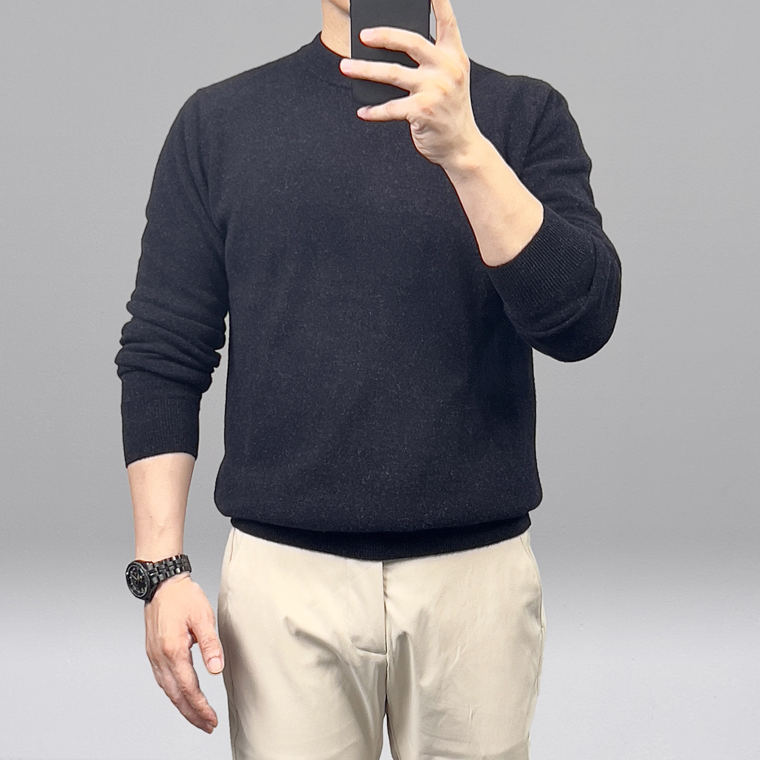 2025秋冬季男装上衣简洁宽松大码针织羊毛衫纯色圆领长袖毛衣