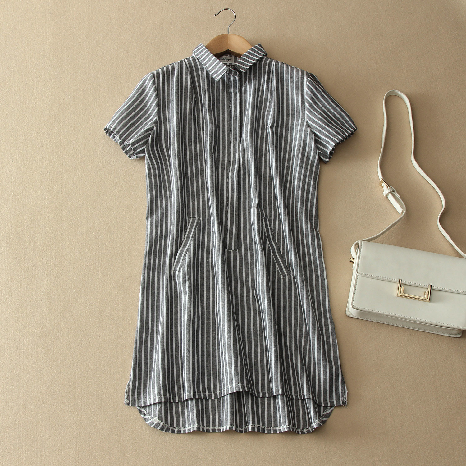 清库存 清仓特价夏女装宽松休闲条纹短袖连衣裙棉麻中长T