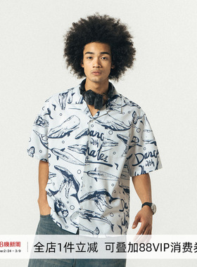 714street潮牌短袖情侣装夏威夷印花衬衫男痞帅沙滩港风日系衬衣