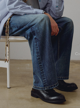 714street高端线 BEHALF 粗斜 靛蓝烟黑 破坏侧骨水洗直筒牛长裤