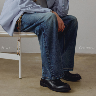 破坏侧骨水洗直筒牛长裤 714street高端线 靛蓝烟黑 粗斜 BEHALF