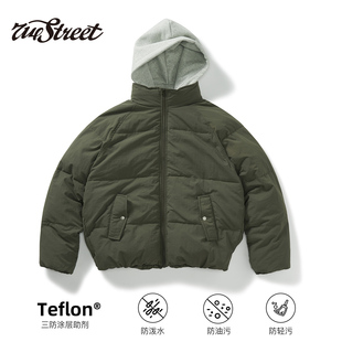 潮牌假两件连帽防水棉衣外套 新款 714street宽松防风棉服男士 冬季