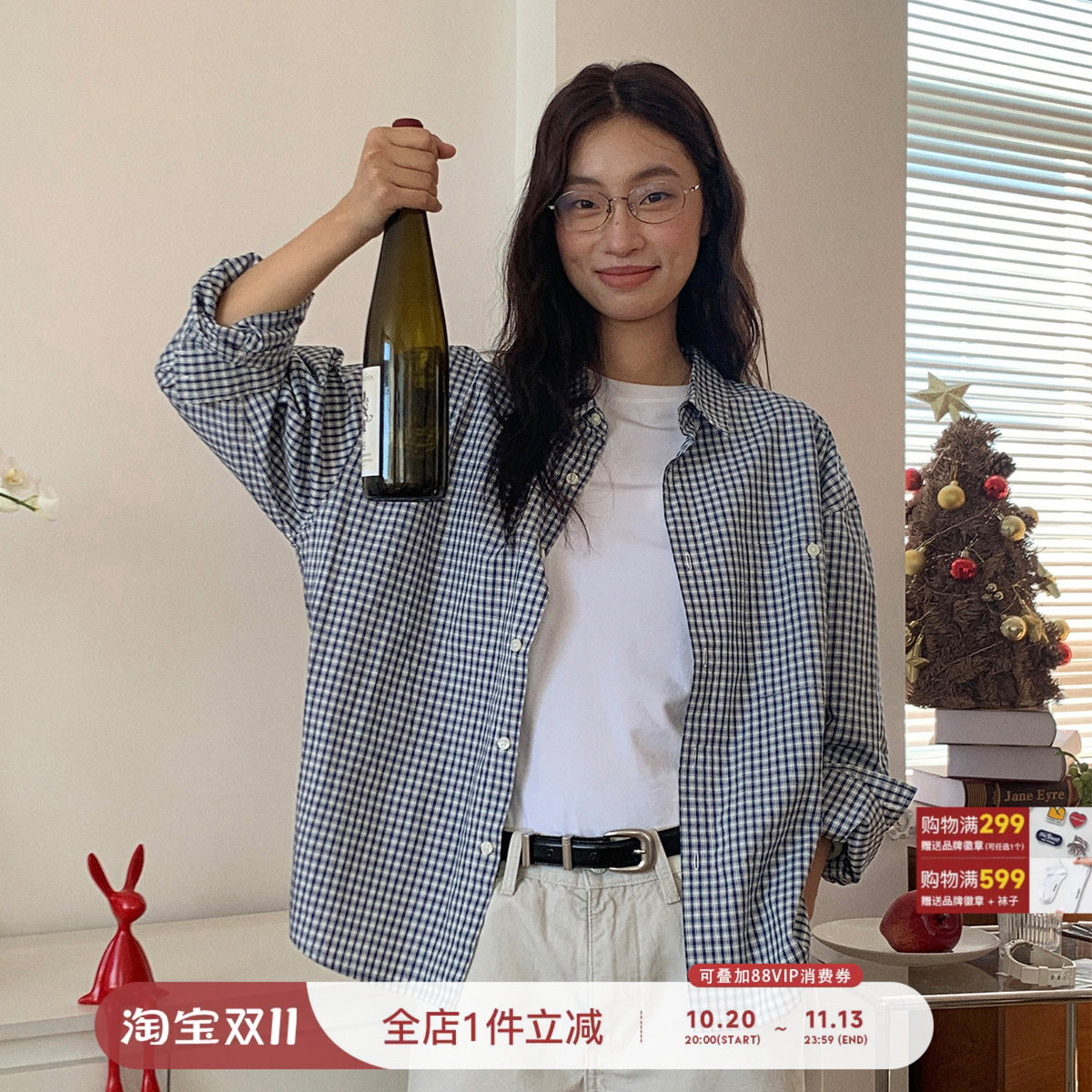 714street微宽松落肩纯棉小格纹长袖衬衫男女25秋季中性简约衬衣