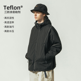714street男装 反光连帽防水外套 潮牌户外冲锋衣夹克男秋冬款