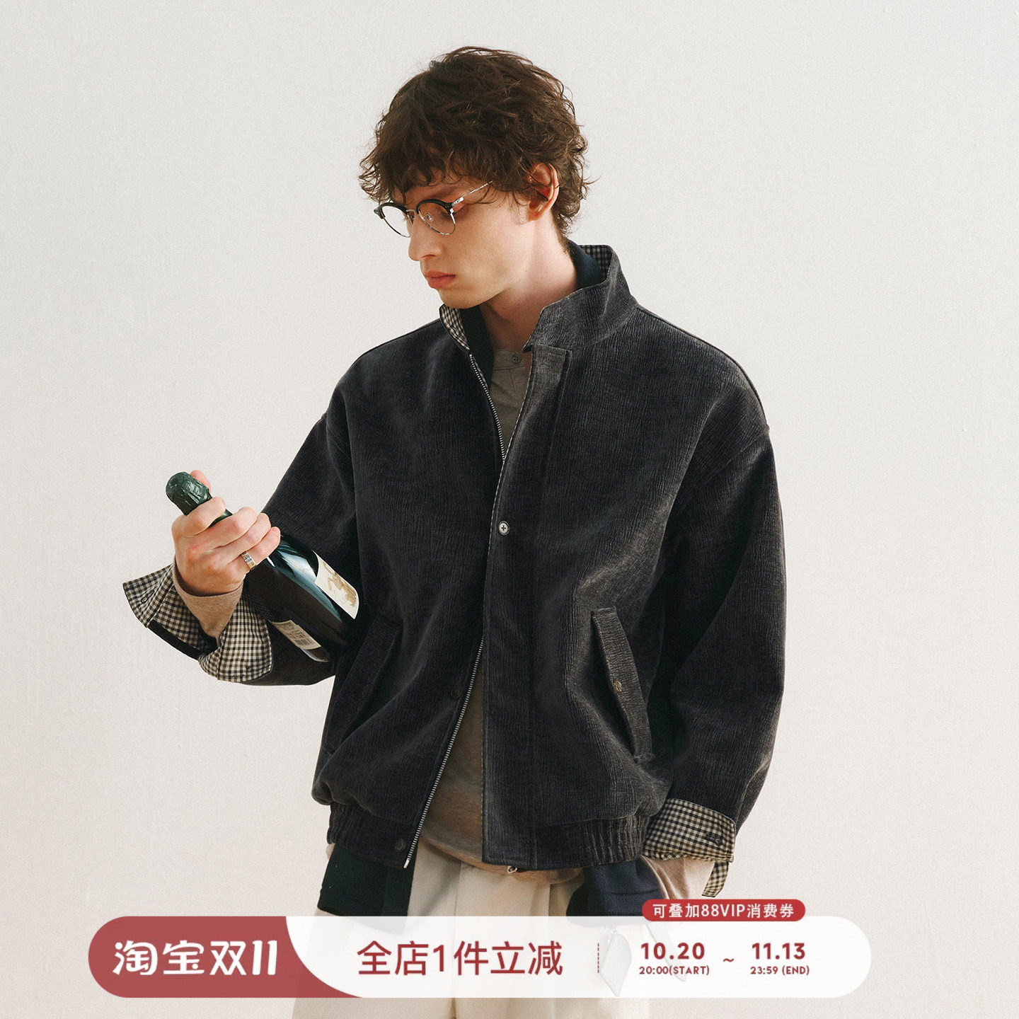 714street复古立领绒感夹克男2026秋季宽松千鸟格哈灵顿情侣外套
