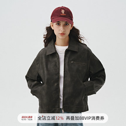 714street美式复古黑色皮衣底特律工装外套秋季新款宽松皮夹克男