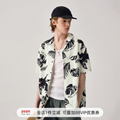 美式 复古短袖 衬衫 714street树叶满印微皱夏季 男新款 情侣沙滩衬衣