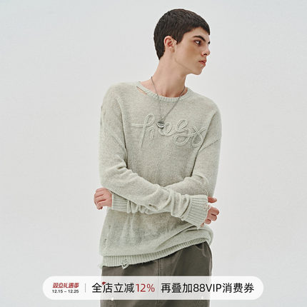 714street秋季新款美式字母提花破坏毛衣薄款情侣针织衫男女同款