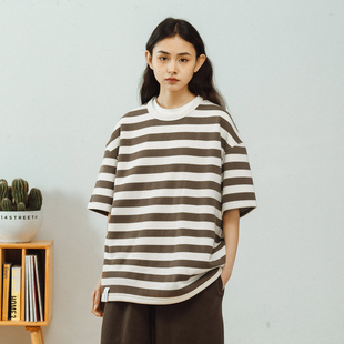 新款 T恤男2025夏季 国潮宽松上衣 休闲重磅条纹短袖 714street美式