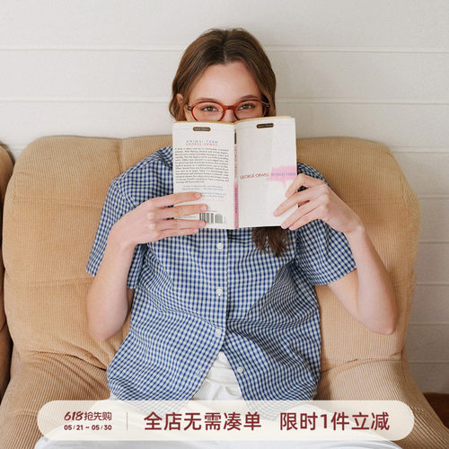 714street复古蓝白格纹短袖衬衫