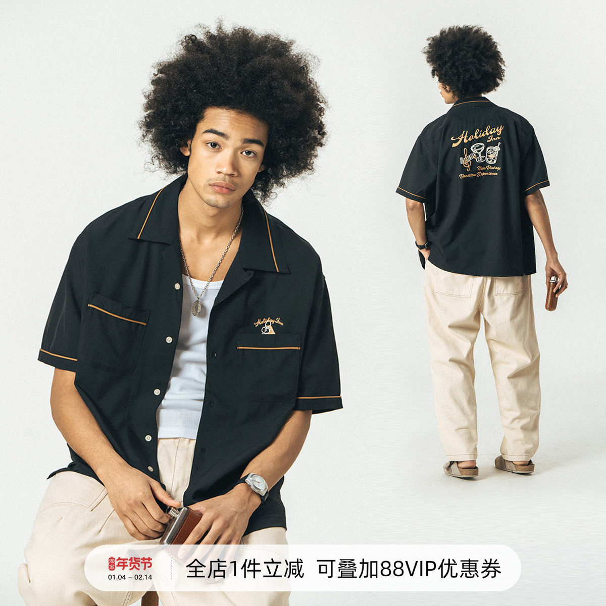 714street潮牌美式复古衬衫新款潮流夏季刺绣抗皱短袖情侣装衬衣,男装,衬衫,淘宝优惠券,粉丝福利购,淘宝优惠卷