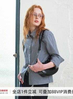 714street美式复古蓝白小格纹长袖衬衫女2026春休闲宽松纯棉衬衣