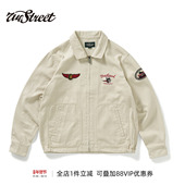 714street美式 复古刺绣图案教练夹克2024秋季 情侣宽松翻领外套男