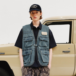 714street水洗做旧经典 钓鱼背心外套 春夏日系V领牛仔马甲2025新款