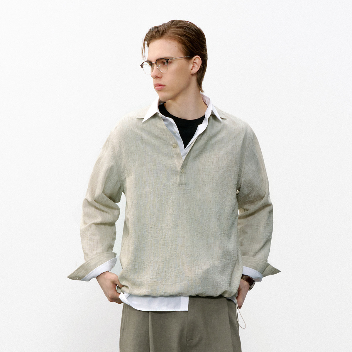 714street轻薄褶皱感色织cleanfit长袖POLO衫2026春季老钱衬衫男