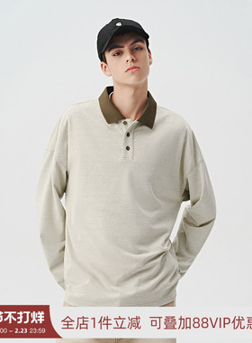 714street美式POLO衫男2024秋季新款条纹长袖t恤复古翻领情侣卫衣