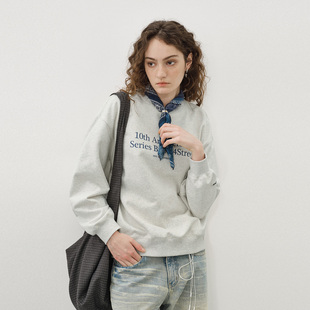 T恤 宽松长袖 714street十周年美式 印花圆领加绒卫衣男25秋冬落肩袖