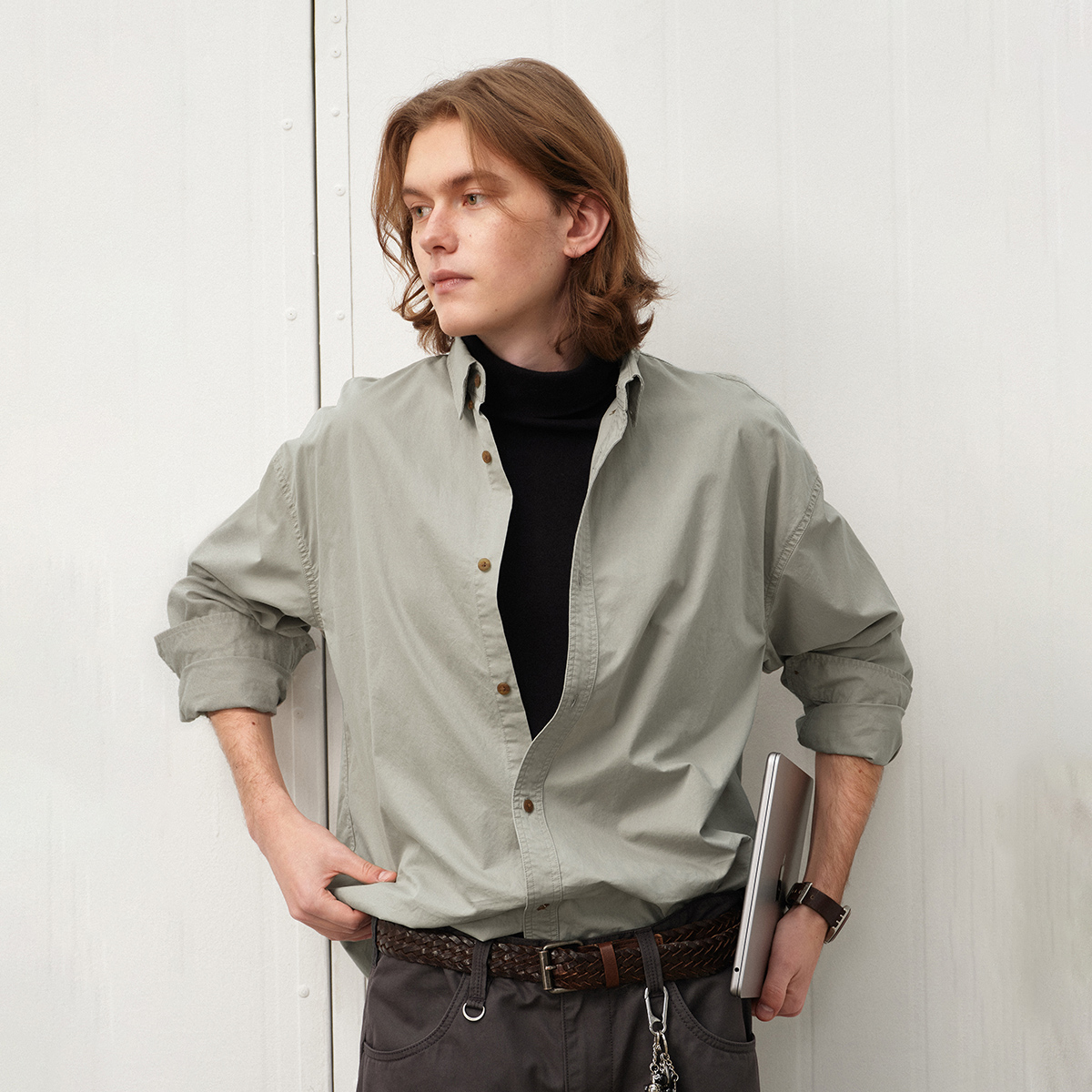 714street宽松落肩水洗做旧长袖衬衫男2025春季新款日系休闲外套