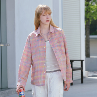 宽松透气情侣衬衣 女2025秋季 714street泡泡纱色织小格纹长袖 衬衫