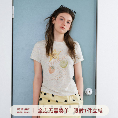 714street女版水果插画花纱短袖