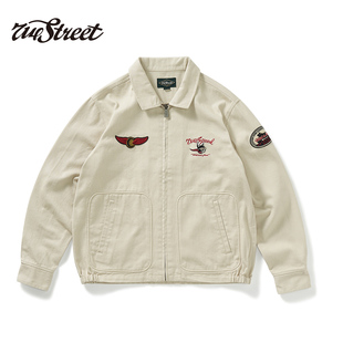 714street美式 情侣宽松翻领外套男 复古刺绣图案教练夹克2024秋季