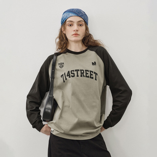 714street足球风撞色插肩长袖 情侣球服宽松纯上衣棉男 T恤2025秋季
