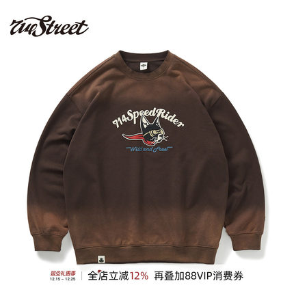 714street美式复古猫头卡通印花圆领卫衣秋季新款水洗质感情侣装
