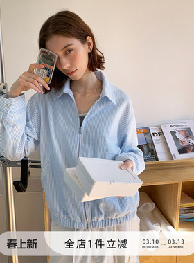 714street色织条纹哈灵顿夹克男2026春季泡泡纱宽松翻领薄外套女