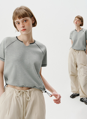 714street潮牌女生华夫格短袖T恤2024夏季新款上衣日系拼接辣妹装