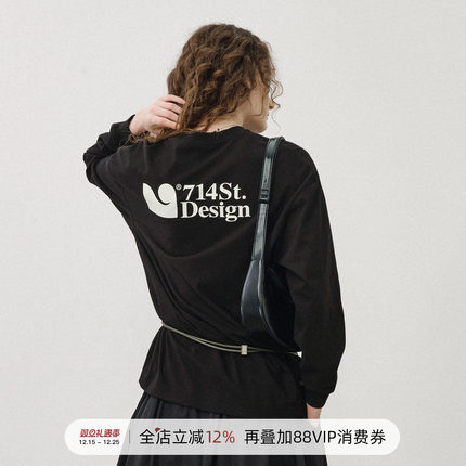 714street日系重磅字母印花长袖T恤男2025秋季国潮纯棉宽松情侣装