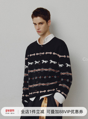 714street高端线BEHALF冰岛提花 羊毛烧边果实扣复古修身开衫毛衣