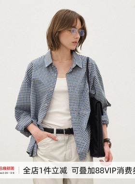714street复古蓝色格子衬衫男2025秋季微宽松落肩纯棉长袖衬衣女
