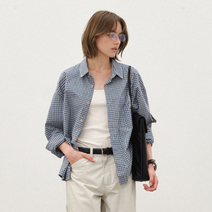 衬衣女 微宽松落肩纯棉长袖 714street复古蓝色格子衬衫 男2025秋季