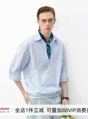 714street深V领条纹假两件长袖衬衫男2026春季半开襟微宽落肩衬衣