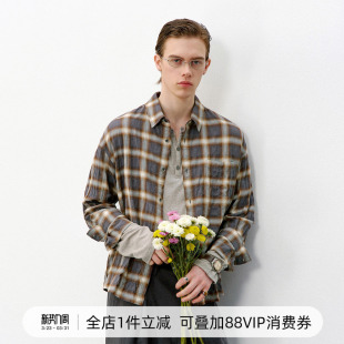 男2026春宽松褶皱泡泡纱衬衣 衬衫 714street美式 复古渐变格纹长袖