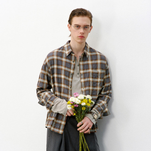 男2026春宽松褶皱泡泡纱衬衣 衬衫 714street美式 复古渐变格纹长袖