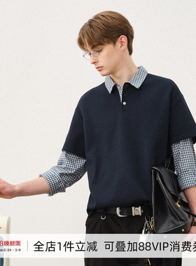 714street秋季假两件长袖POLO衬衫男2025纯棉休闲宽松针织杉衬衣