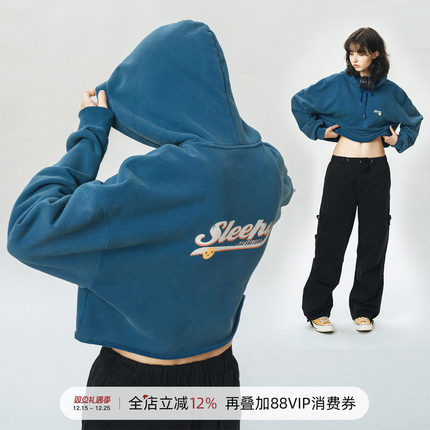 714street潮牌男女短款连帽卫衣2024春秋新款套头衫原创印花外套